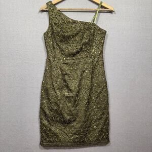 Adrianna Papell One Shoulder Dress Olive Green Lace‎ Sequin Formal Gown Size 2